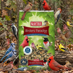 Green Kaytee Birders' Paradise wild bird food bag surrounded by songbirds on branches