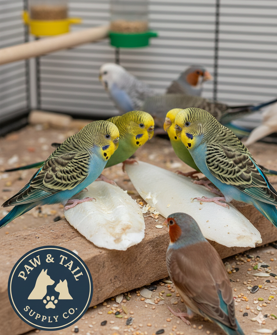 Natural cuttlebone pieces on ground, with several small birds feeding