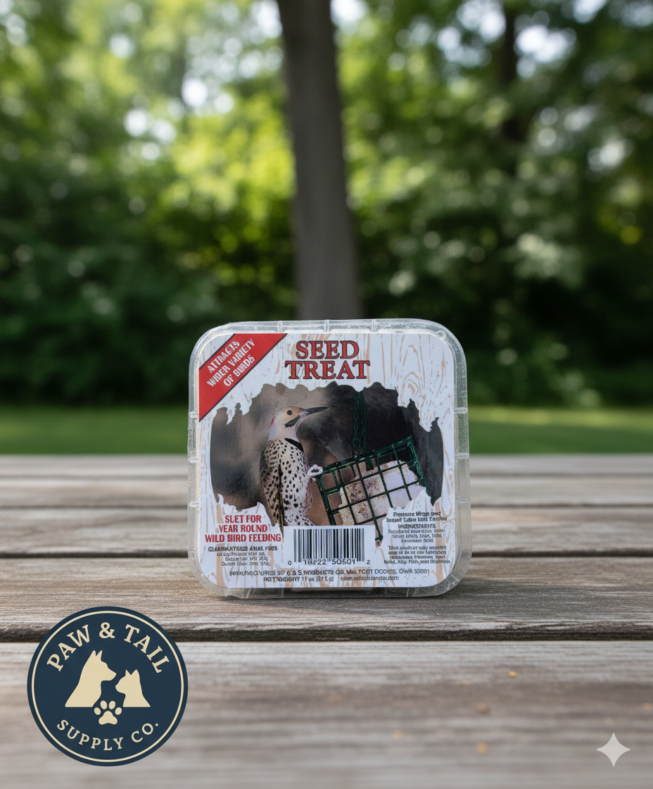 Seed Treat wild bird suet cake in clear tray with bird and suet-feeder artwork
