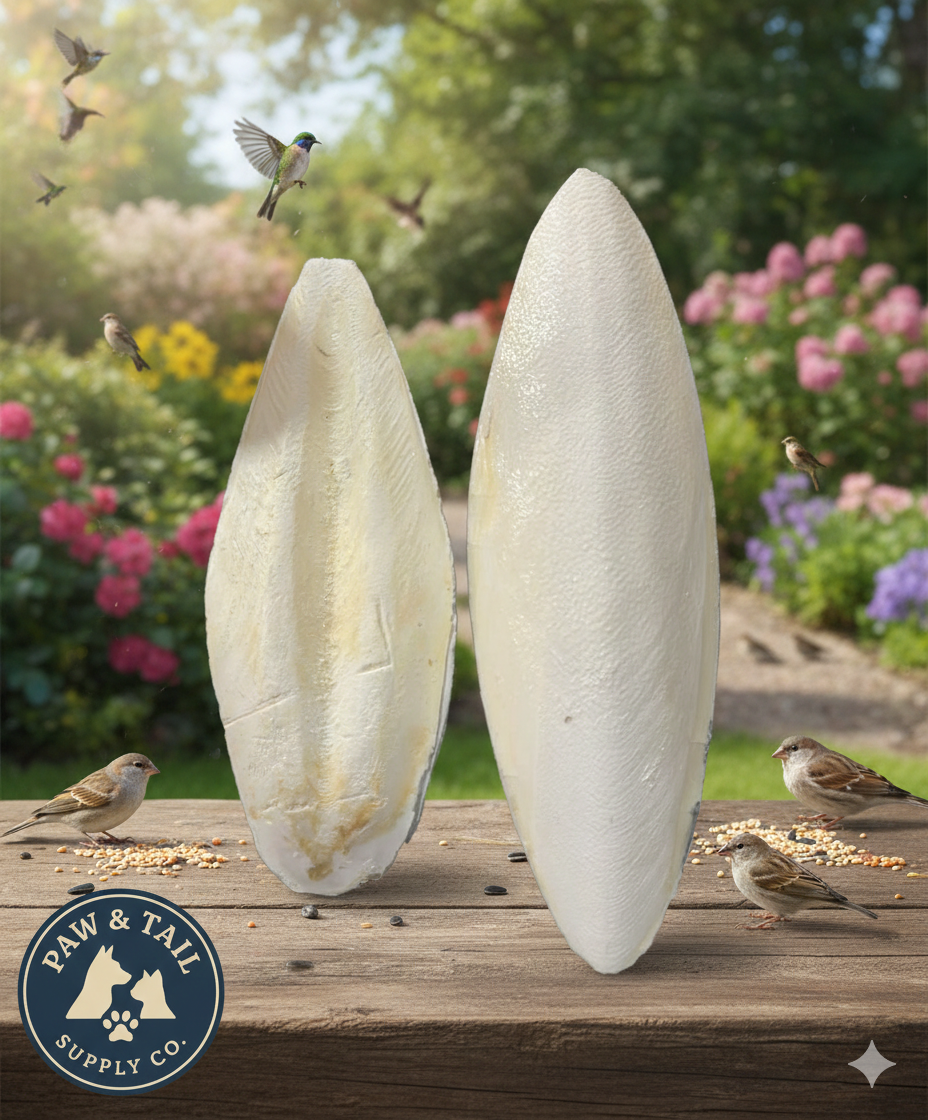 Natural pale cuttlebone pieces, two oval pieces on wooden board