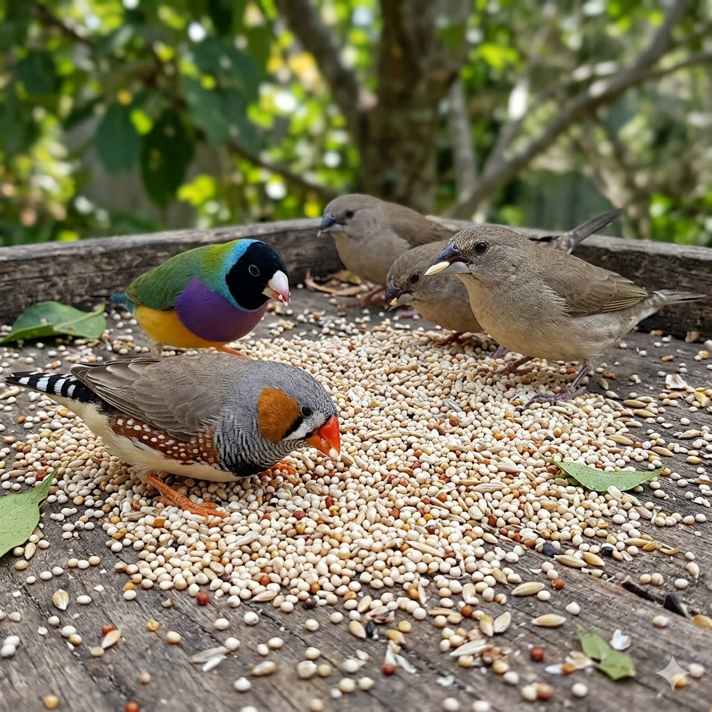Small finches feeding on a spread of finch seed mix on a platform