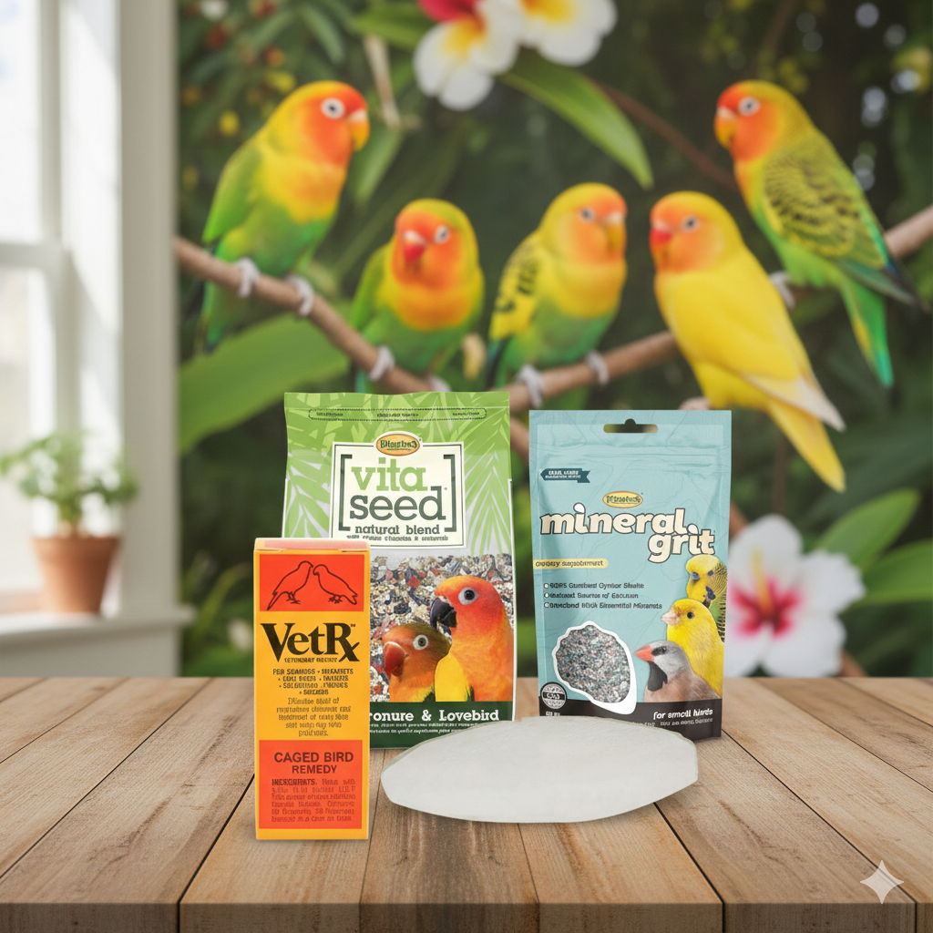 Bird care bundle with Vita Seed bag, mineral grit pouch, VetRx remedy box, and scoop