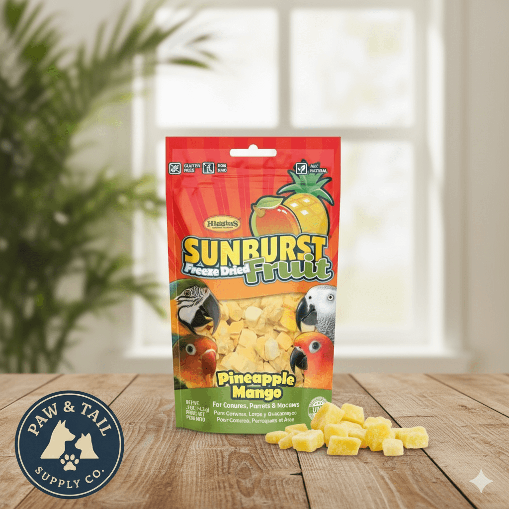 Red Sunburst freeze-dried pineapple mango fruit pouch with scattered yellow pieces