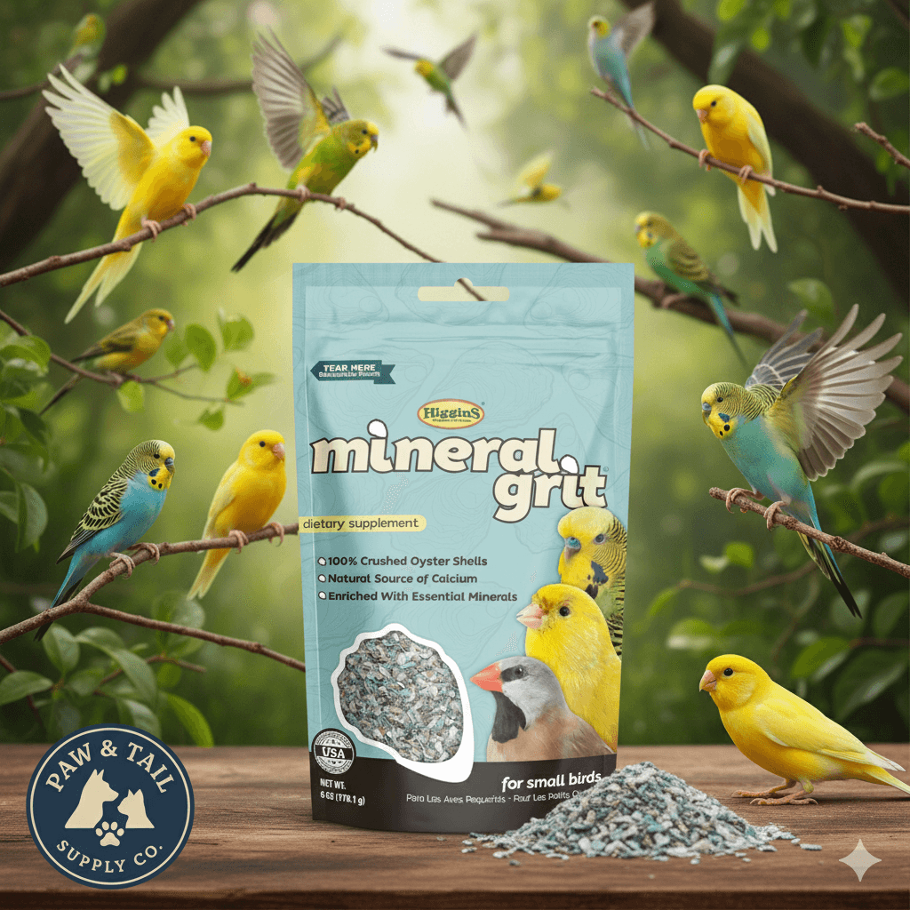 Mineral grit supplement pouch for small birds, showing crushed oyster shell contents