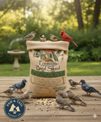 Premium wild bird seed blend bag on a patio, Alligator Brand, 5 lb, year-round