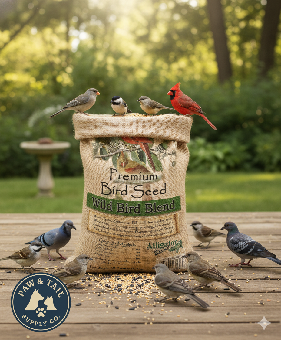 Premium wild bird seed blend bag on a patio, Alligator Brand, 5 lb, year-round