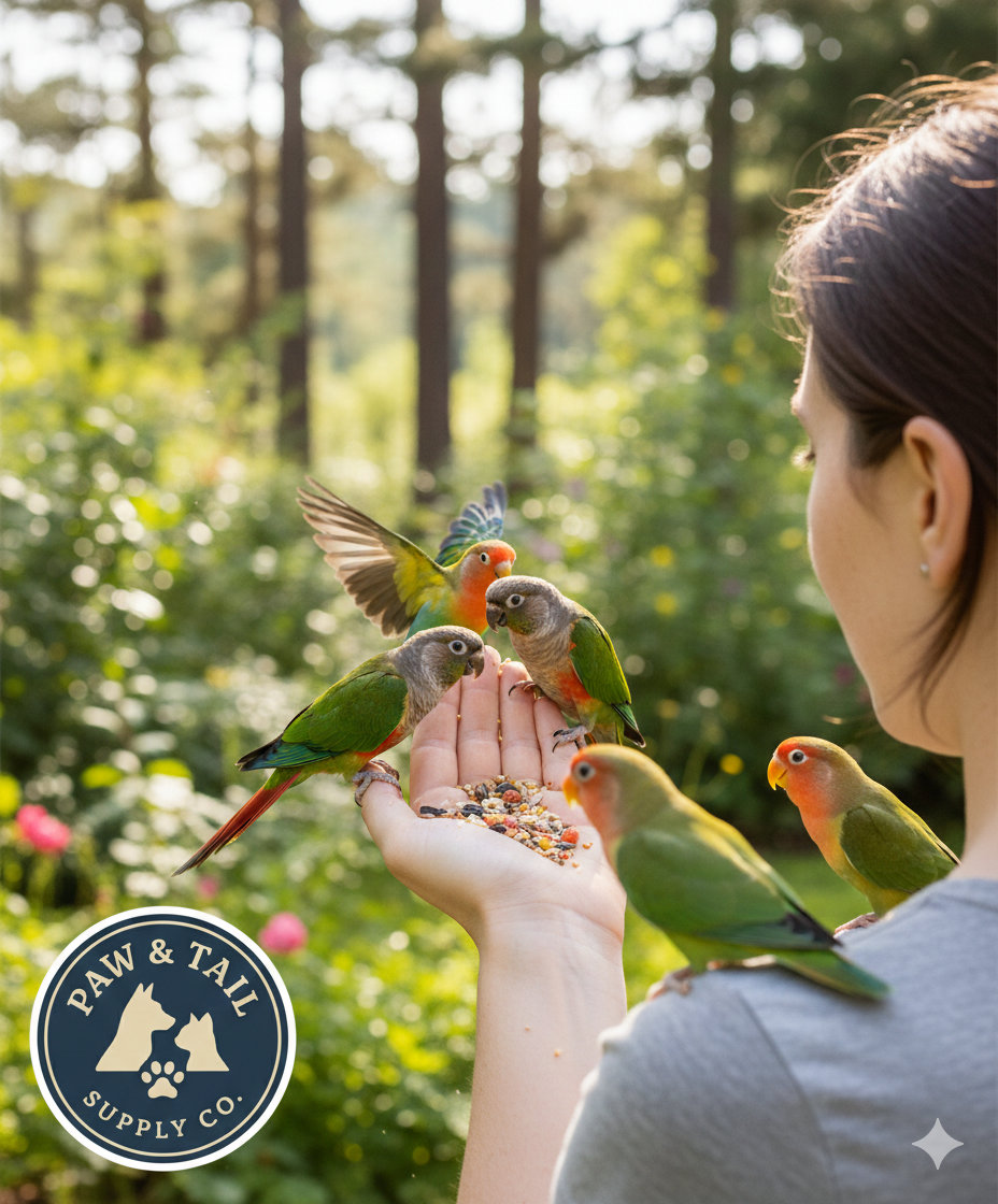Hand feeding conure and lovebird seed mix to parakeets in an outdoor garden