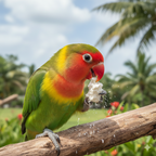 Small parrot eating grit from a feeder on a wooden perch