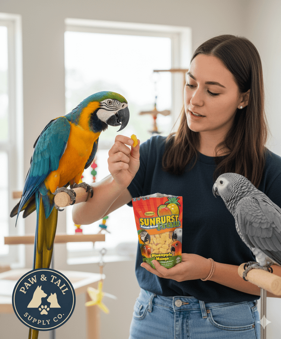 Bird treat pouch in red Sunburst freeze-dried fruit, pineapple mango label
