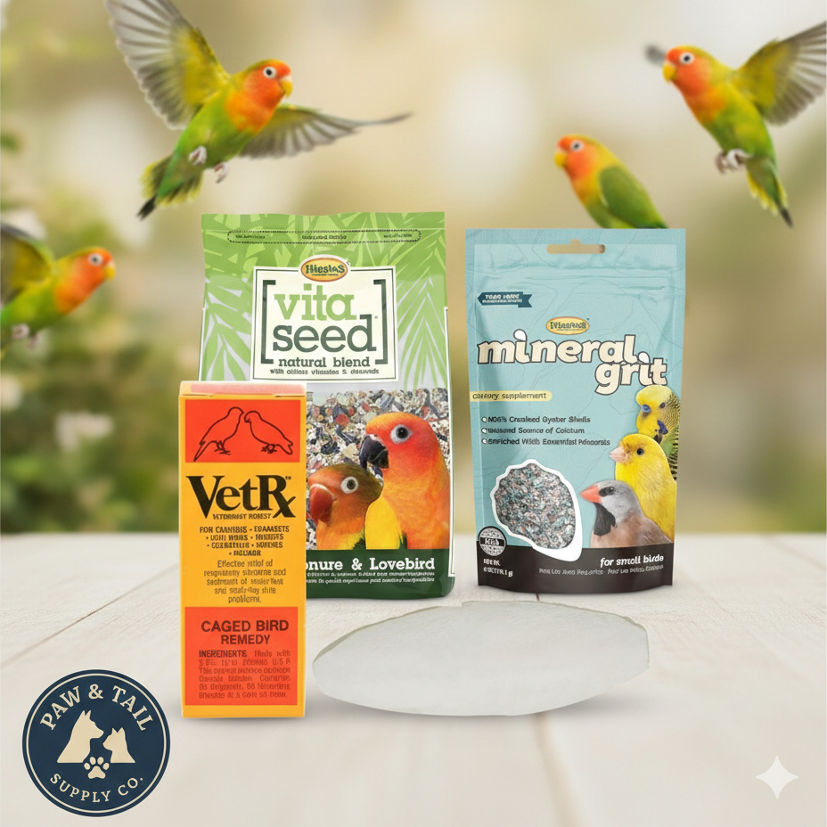 Bird care bundle: Vita Seed and mineral grit pouches with VetRx remedy box and bottle