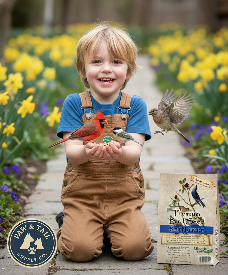 Safflower seed bird food bag with Alligator Brand label next to birds and child