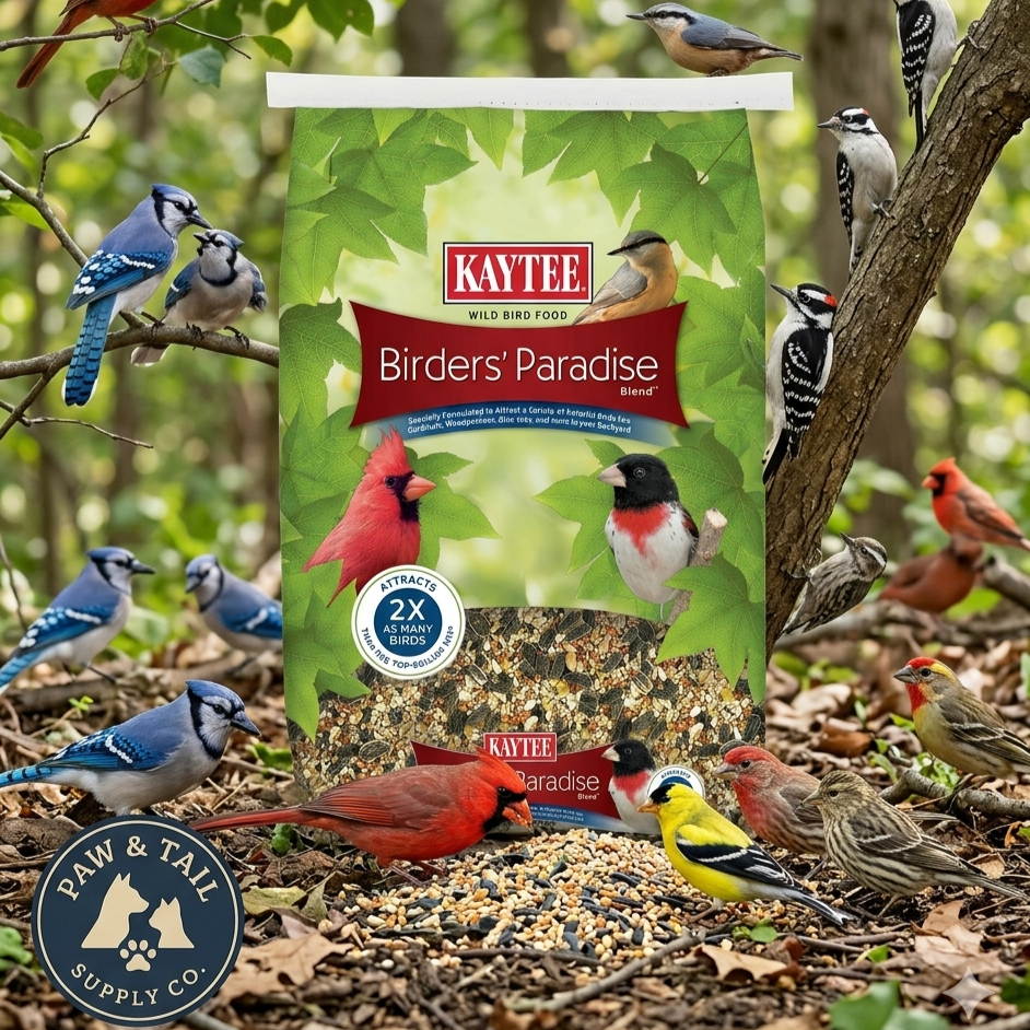 Green Kaytee Birders' Paradise wild bird food bag with red label and bird illustration