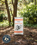 Alligator Brand wild bird food bag, orange stripes and bird house illustration