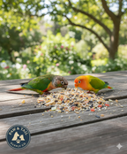 Conure and lovebird seeds scattered on a wooden board with two birds