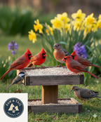 Wild birds feeding from a seed tray on a wooden feeder in a garden