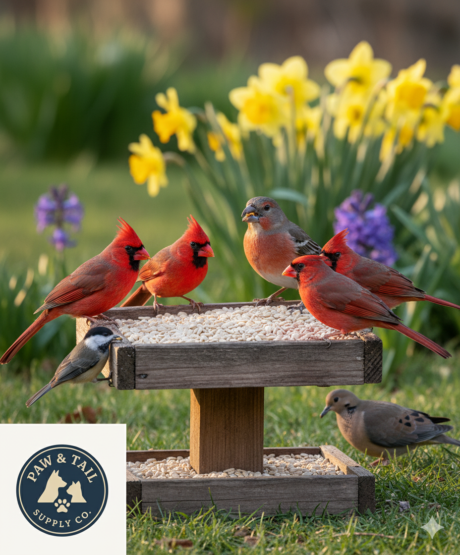 Wild birds feeding from a seed tray on a wooden feeder in a garden
