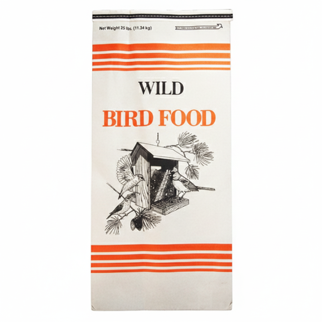 Alligator Brand wild bird food bag front with 'WILD BIRD FOOD' and orange stripes
