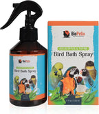 Bird bath spray bottle with eucalyptus & thyme formula, amber liquid and black sprayer