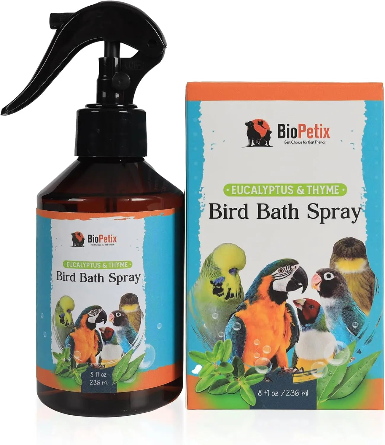 Bird bath spray bottle with eucalyptus & thyme formula, amber liquid and black sprayer