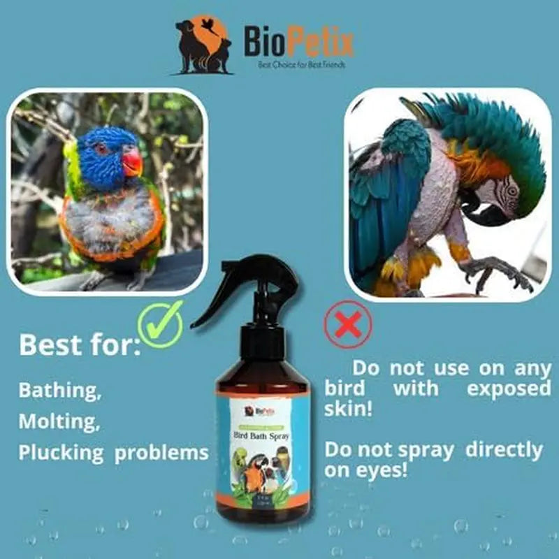 Bird bath spray bottle shown with safe-use icons and instructions not to spray eyes