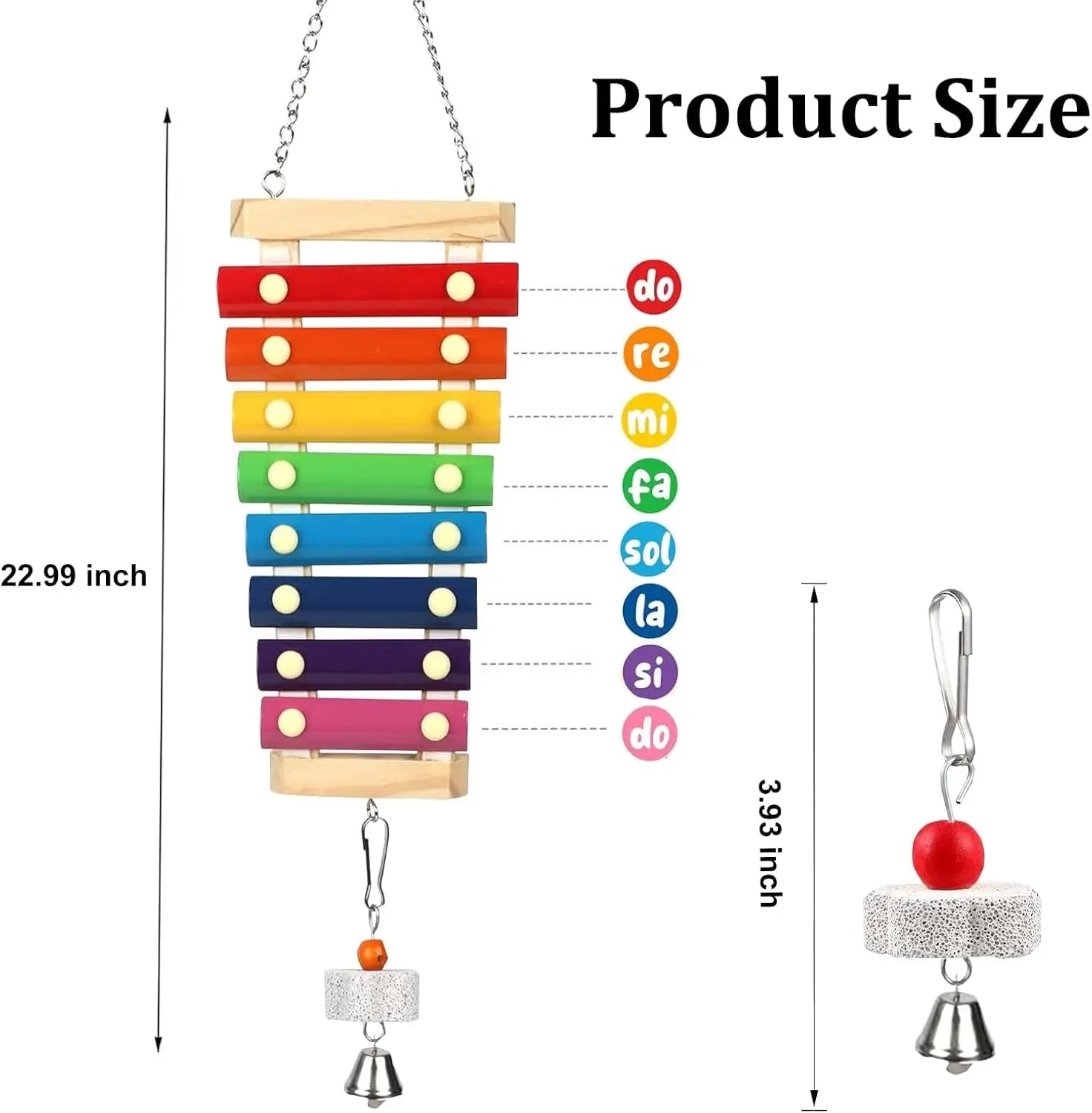 Wooden hanging xylophone toy with colorful bars and bell charms, size diagram view