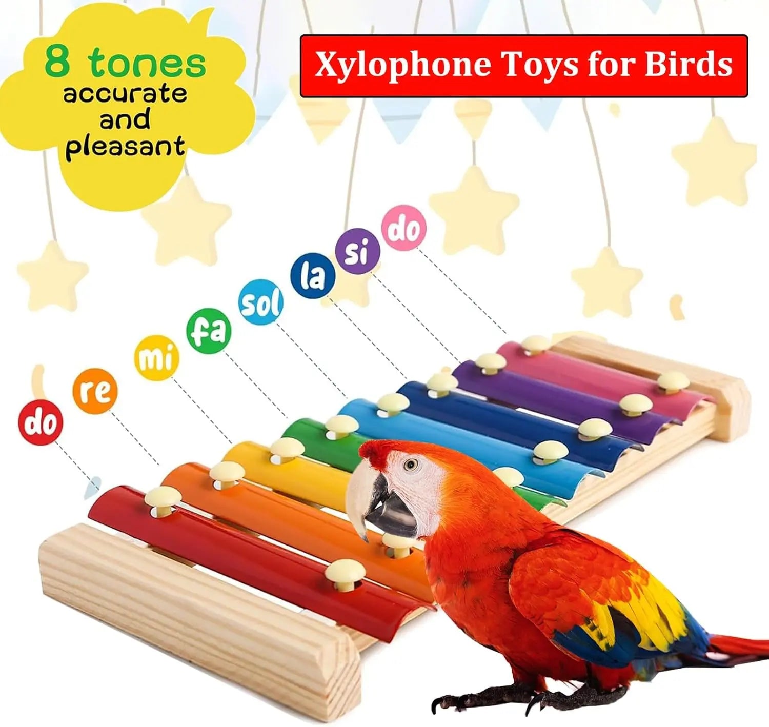 Colorful wooden xylophone toy with hanging chains and multicolor keys, with parrot