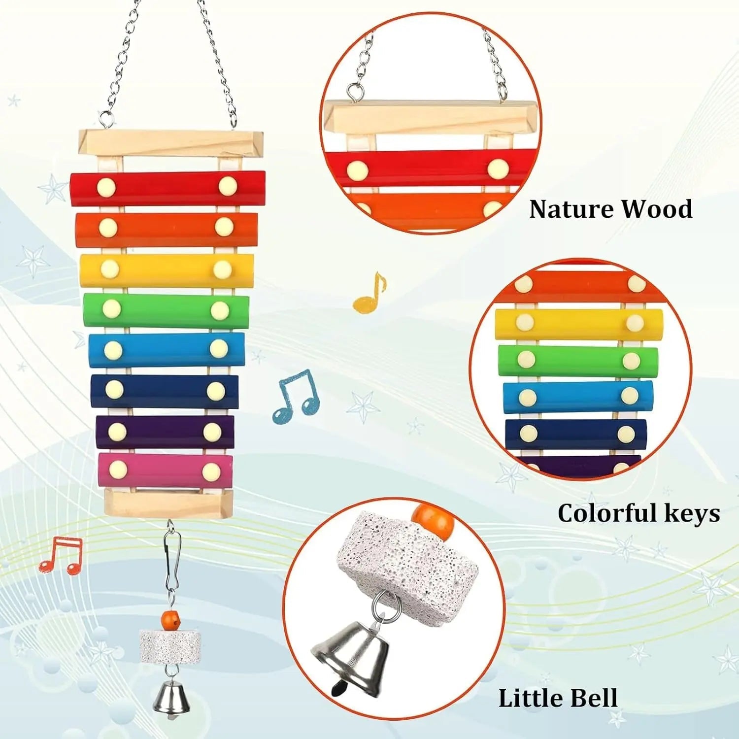 Hanging wooden xylophone toy with rainbow keys and small bell charm
