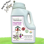 Bird seed meadow mix bottle, translucent light-gray jug with purple label