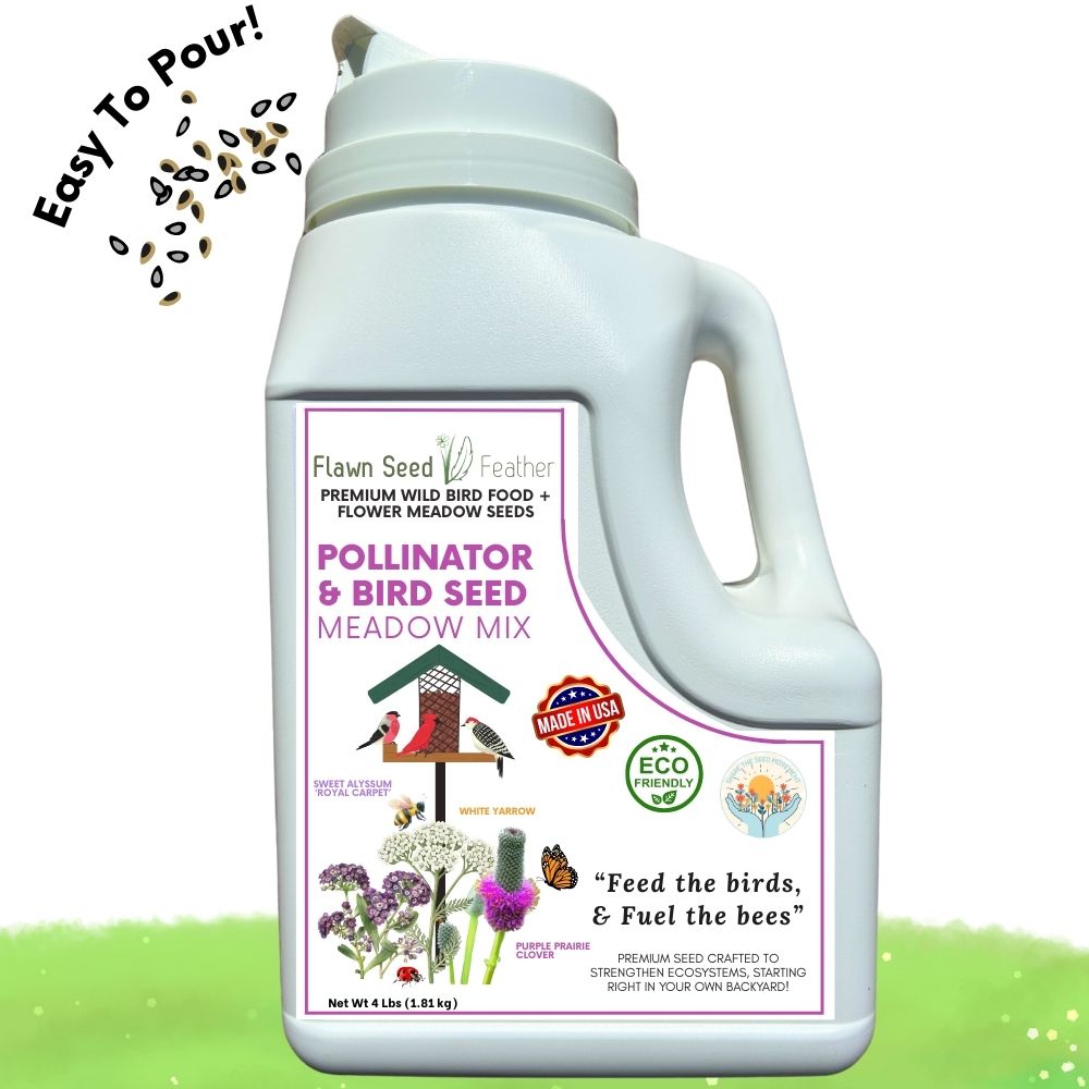 Bird seed meadow mix bottle, translucent light-gray jug with purple label