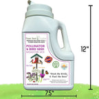 Bird seed and wildflower habitat mix jug, white plastic with handle and front label