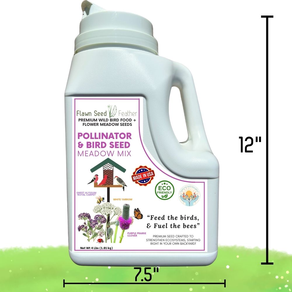 Bird seed and wildflower habitat mix jug, white plastic with handle and front label