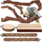 Natural wood bird perch set with grapevine branches, circle platform, and long log perch