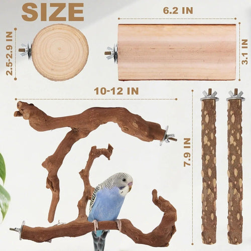 Wood bird perch set with round log platform, branch perch, and two peppercorn wood bars