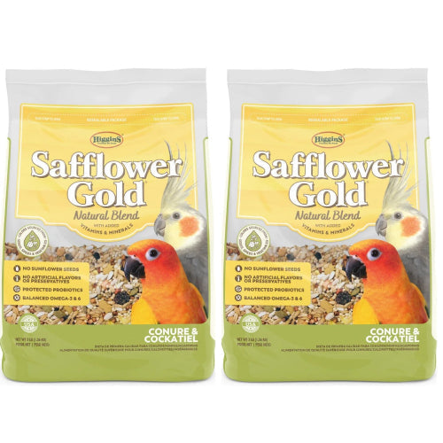 Two safflower blend bird food pouches, natural blend front design and bird photos