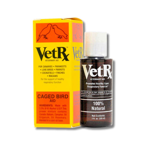 VetRx caged bird ail aid veterinary supplement bottle and box for respiratory support
