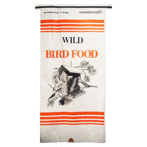 Alligator Brand wild bird food bag front view with bird house illustration and orange stripes