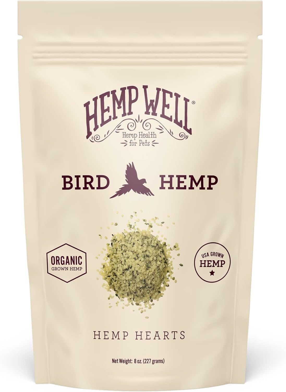 HempWell Bird Hemp hemp hearts resealable bag with “Organic” label and bird graphic