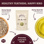 HempWell Bird Hemp hemp hearts bag shown with layout panels for hemp seeds and seed oil
