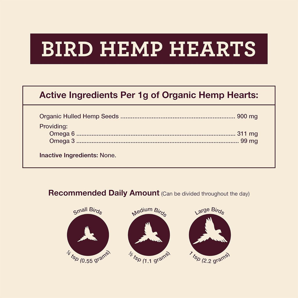 Bird Hemp Hearts nutrition panel with organic hemp hearts ingredient amounts and daily amounts