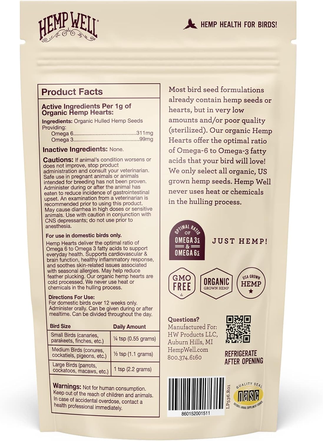 HempWell Bird Hemp hemp hearts bag back panel with product facts and FAQ details