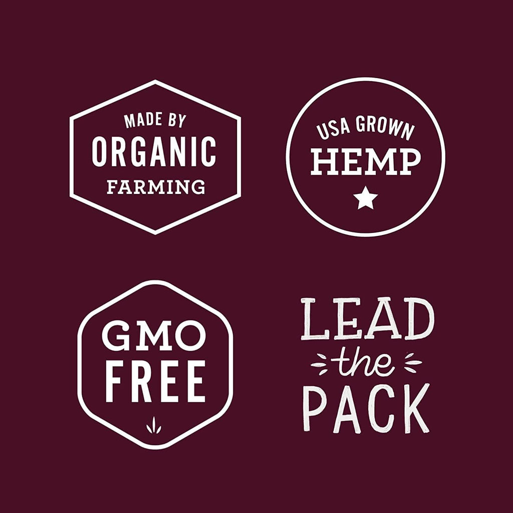 Label badges: made by organic farming, USA grown hemp, GMO-free, and lead the pack
