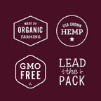 Label badges: made by organic farming, USA grown hemp, GMO-free, and lead the pack