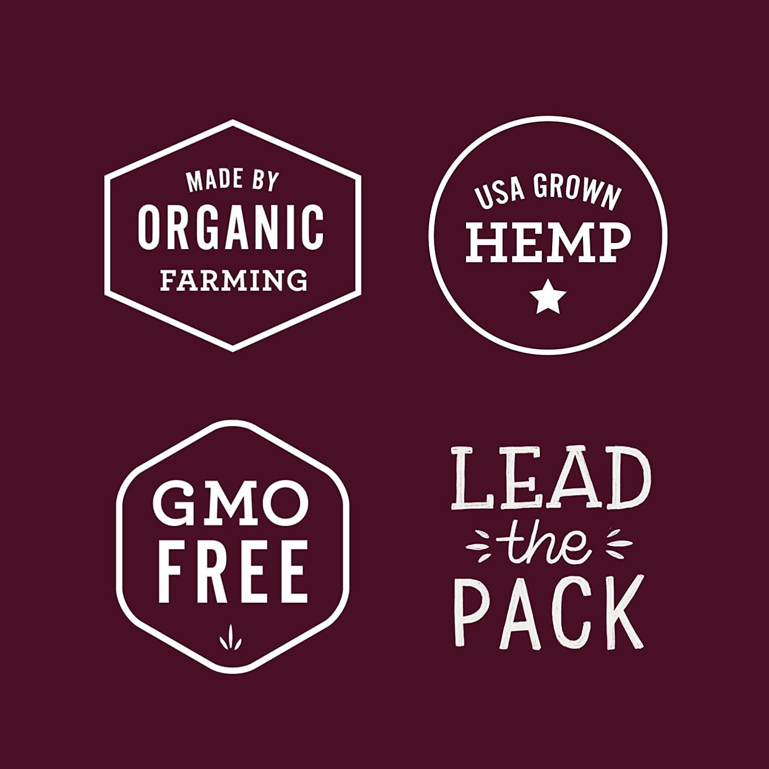Label badges: made by organic farming, USA grown hemp, GMO-free, and lead the pack