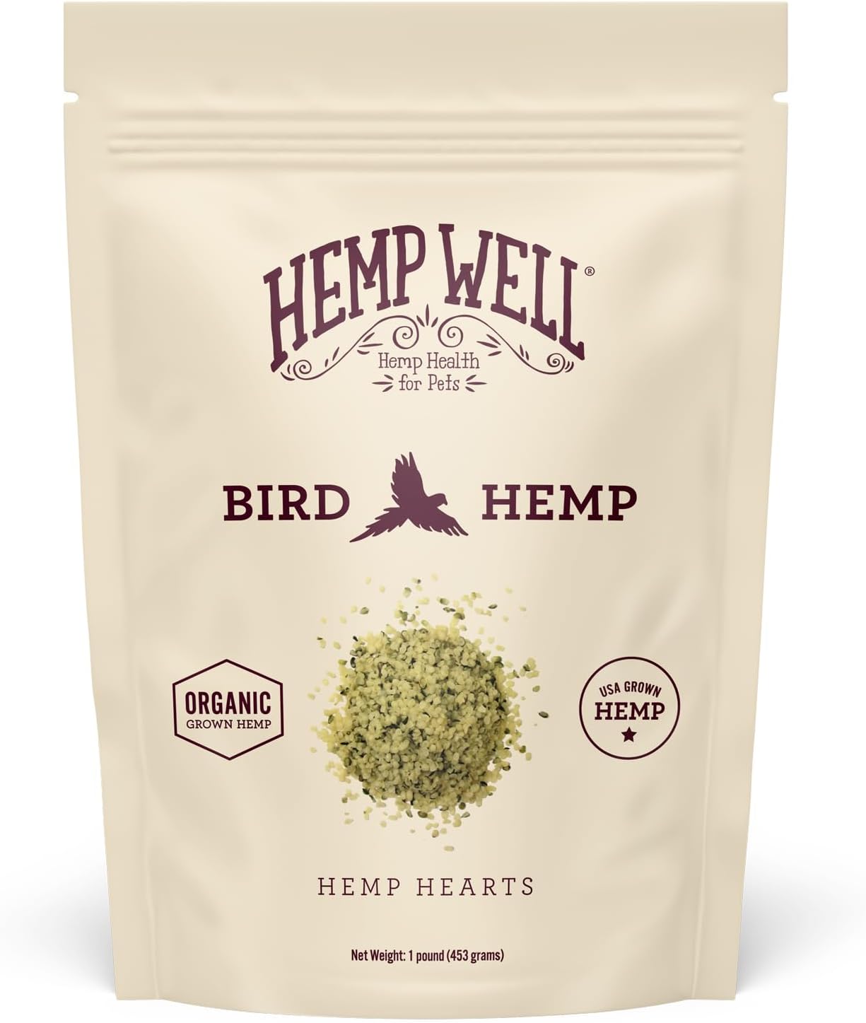 HempWell Bird Hemp hemp hearts resealable bag with USDA grown hemp and organic badge