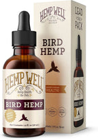 Hemp oil supplement bottle for birds with black dropper and boxed lead-free pack, amber liquid.