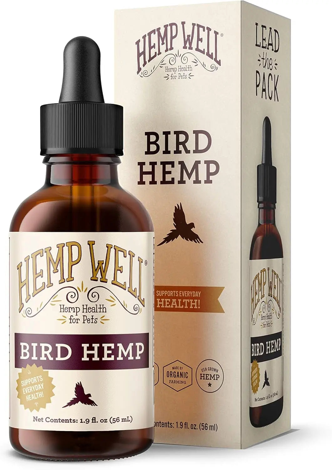 Hemp oil supplement bottle for birds with black dropper and boxed lead-free pack, amber liquid.