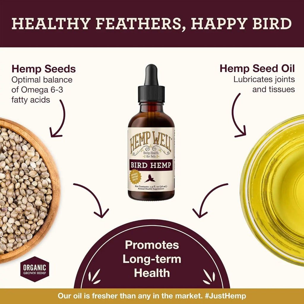 Hemp oil supplement for birds graphic with hemp seed and oil illustrations around a bottle.