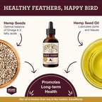 Hemp oil supplement for birds graphic with hemp seed and oil illustrations around a bottle.