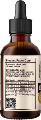 Hemp oil supplement bottle for birds with front product facts and dosage chart on the label.