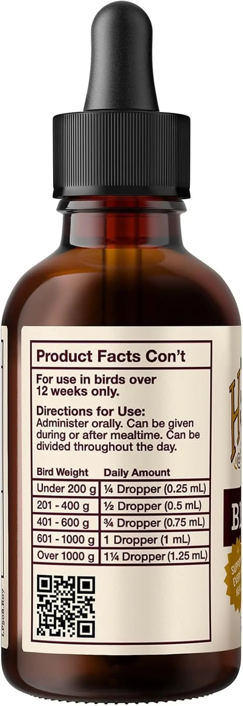 Hemp oil supplement bottle for birds with front product facts and dosage chart on the label.